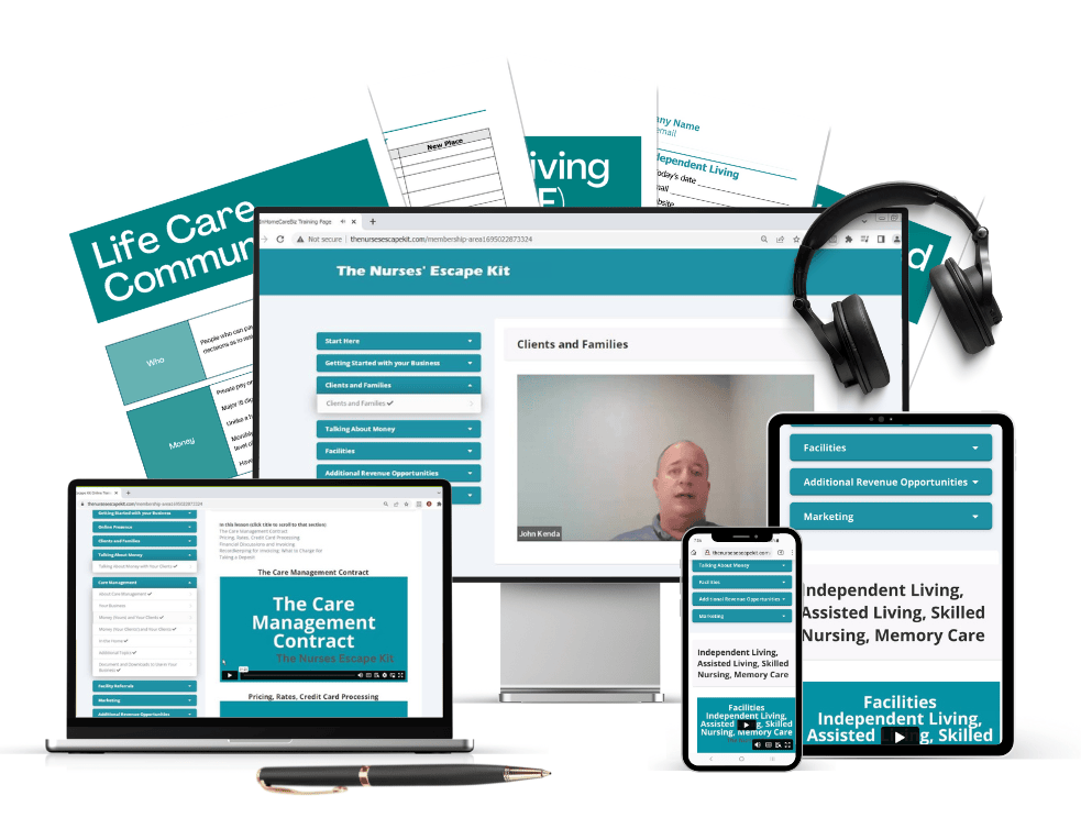 image of the training program on a monitor, laptop, tablet, and phone, as well as reference sheets, headphones, and a pen